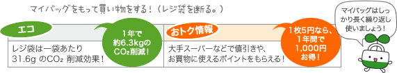 マイバッグをもって買い物をする！（レジ袋を断る。）